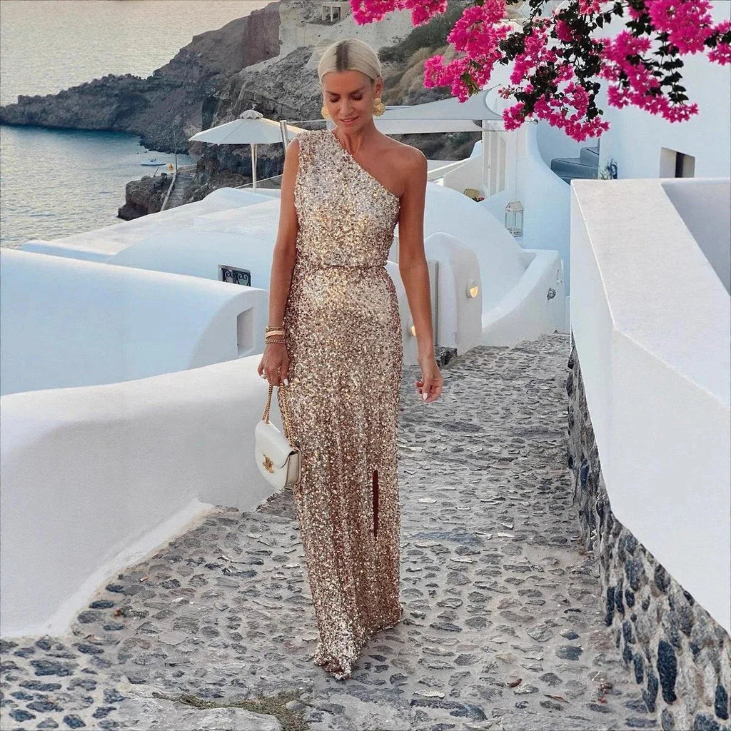 One Shoulder Sequin Maxi Dress