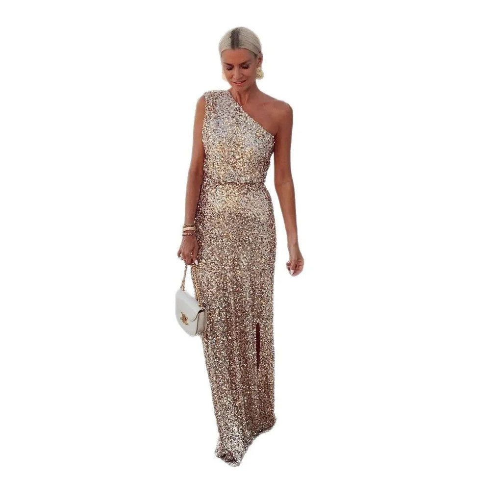 One Shoulder Sequin Maxi Dress