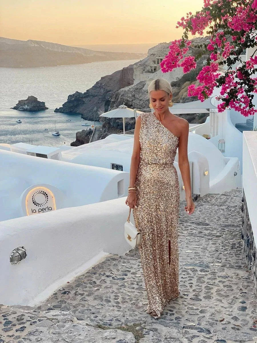 One Shoulder Sequin Maxi Dress