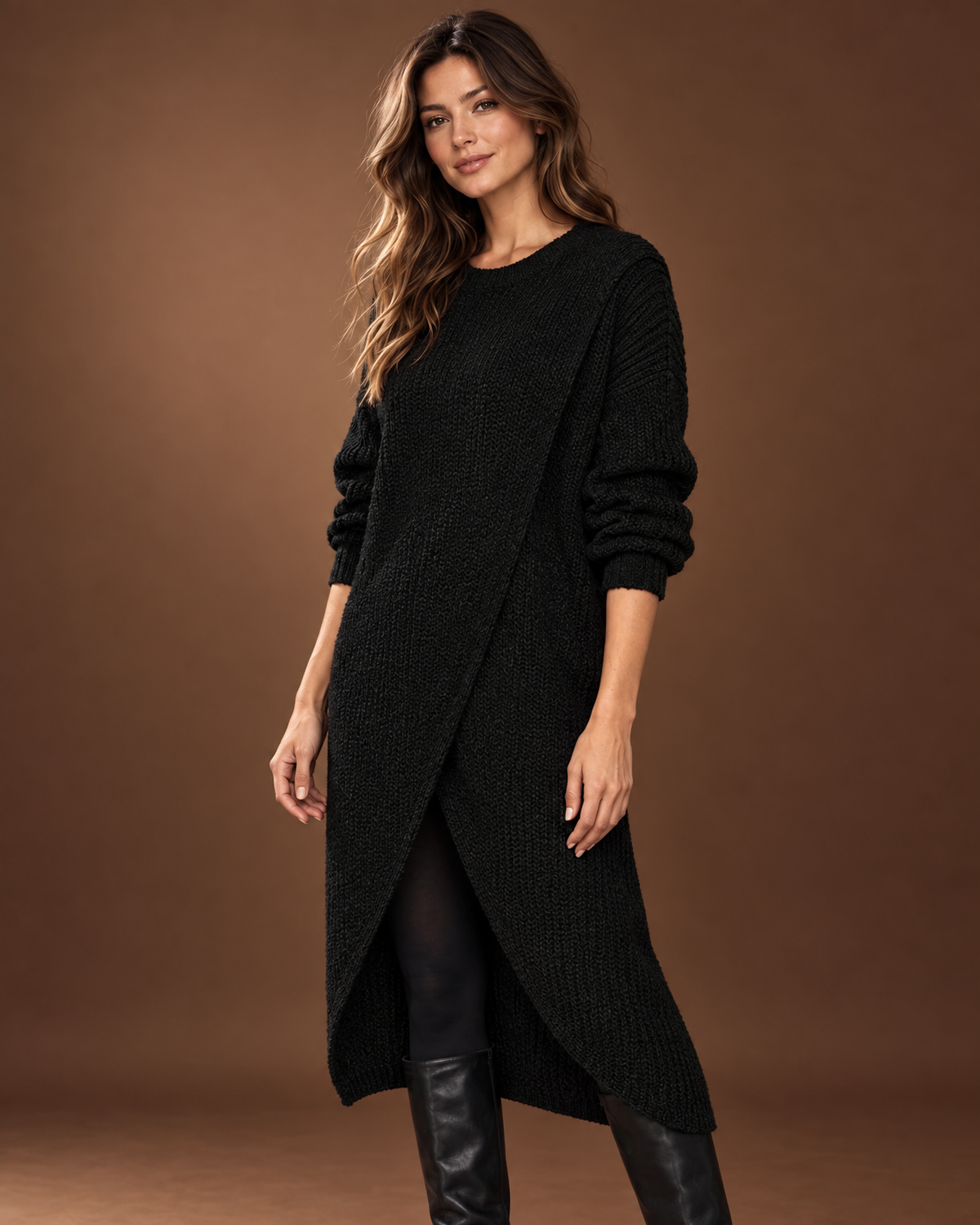 Amelie Wrap Sweater Dress in Black, detail view