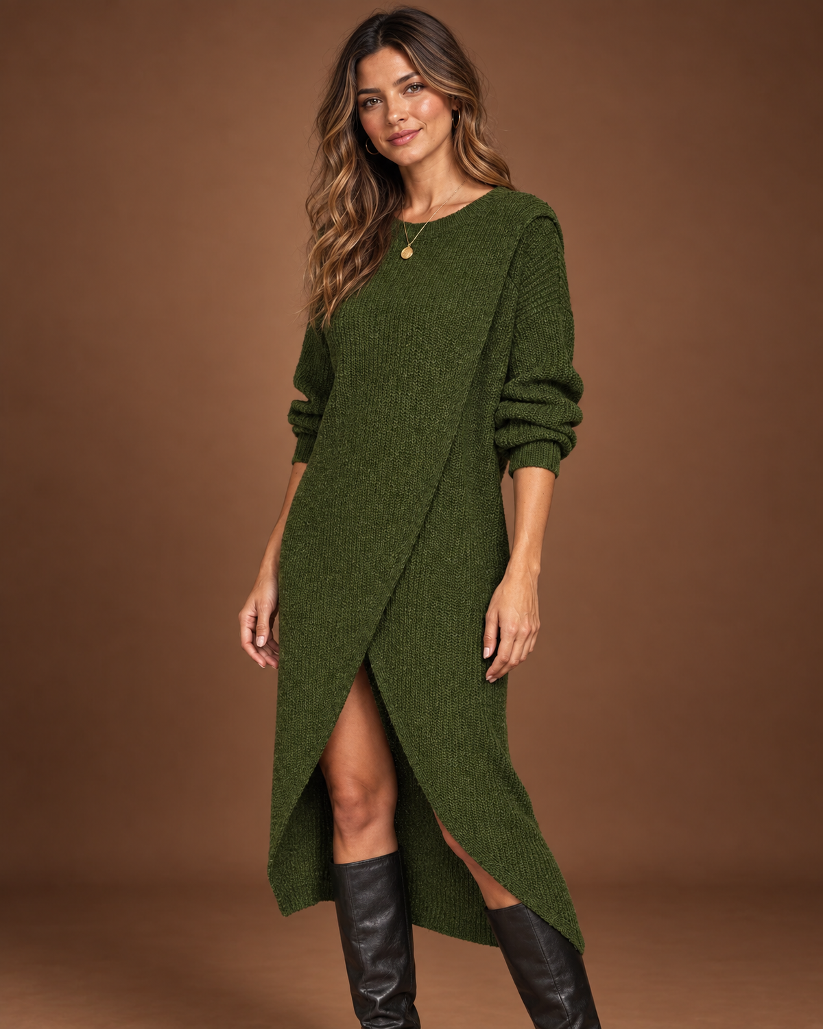 Amelie Wrap Sweater Dress in Green, detail view