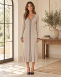 Celestine Ribbed Button Front Midi Dress for Women - V-Neck Long Sleeve