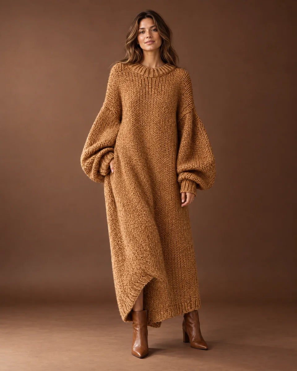 Helena Ribbed Knit Maxi Sweater Dress in Brown