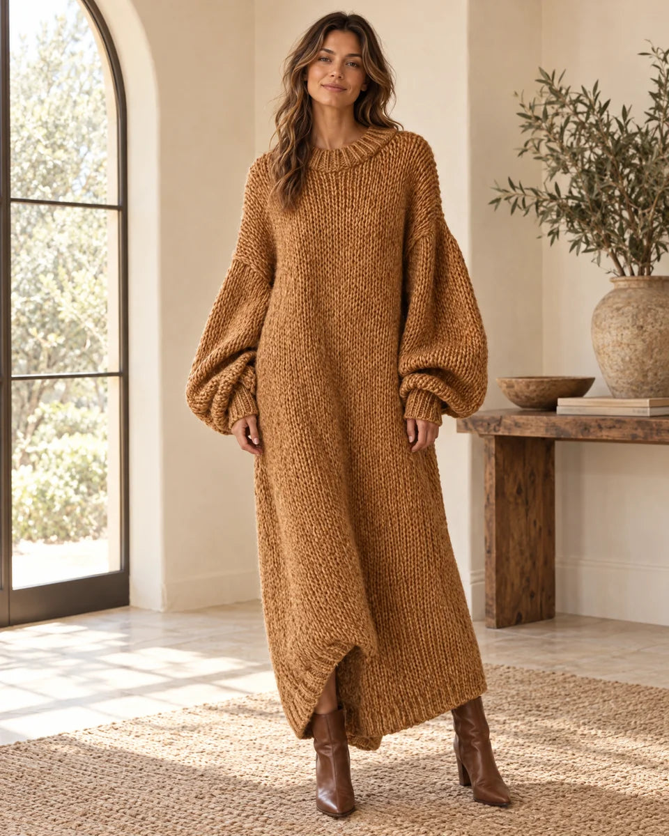 Helena Ribbed Knit Maxi Sweater Dress in Brown