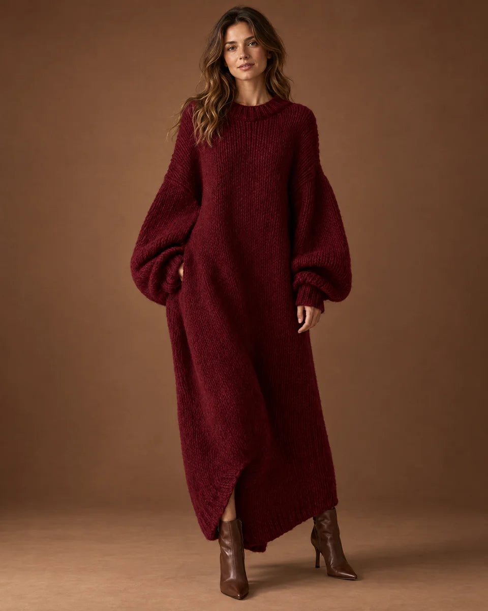 Helena Ribbed Knit Maxi Sweater Dress in Burgundy