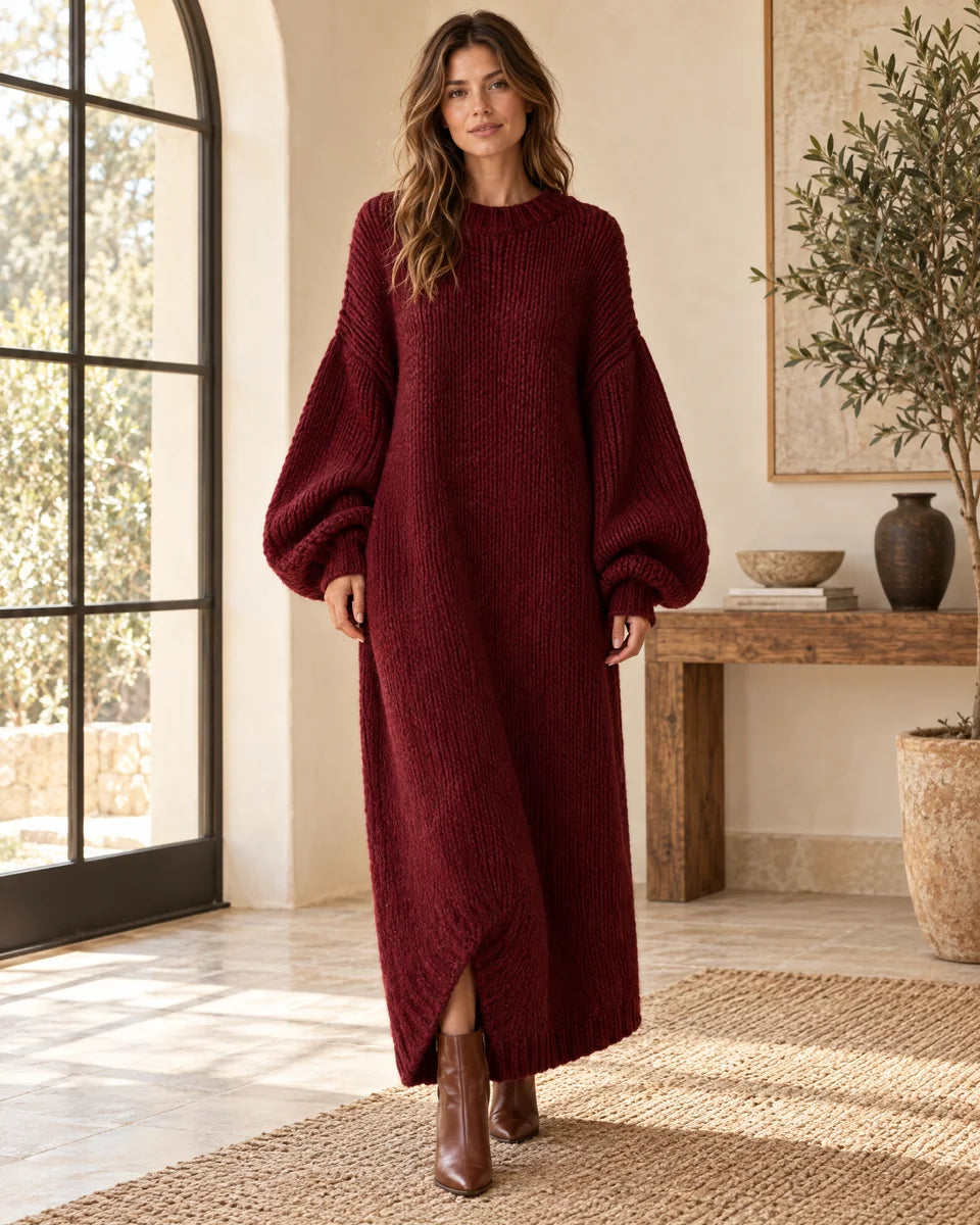 Helena Ribbed Knit Maxi Sweater Dress in Burgundy