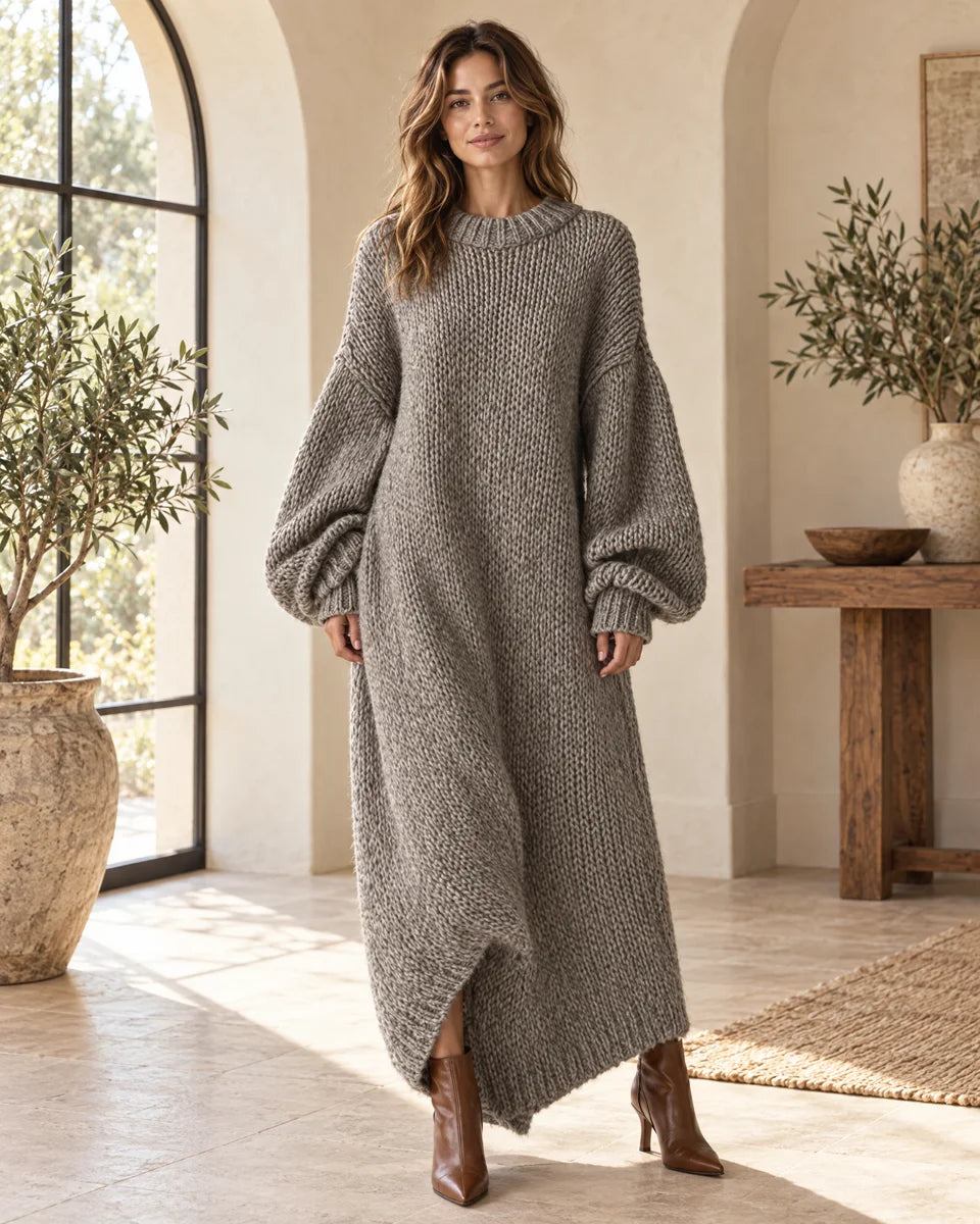 Helena Ribbed Knit Maxi Sweater Dress in Gray