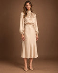 Imogen High Neck Midi Dress in Beige