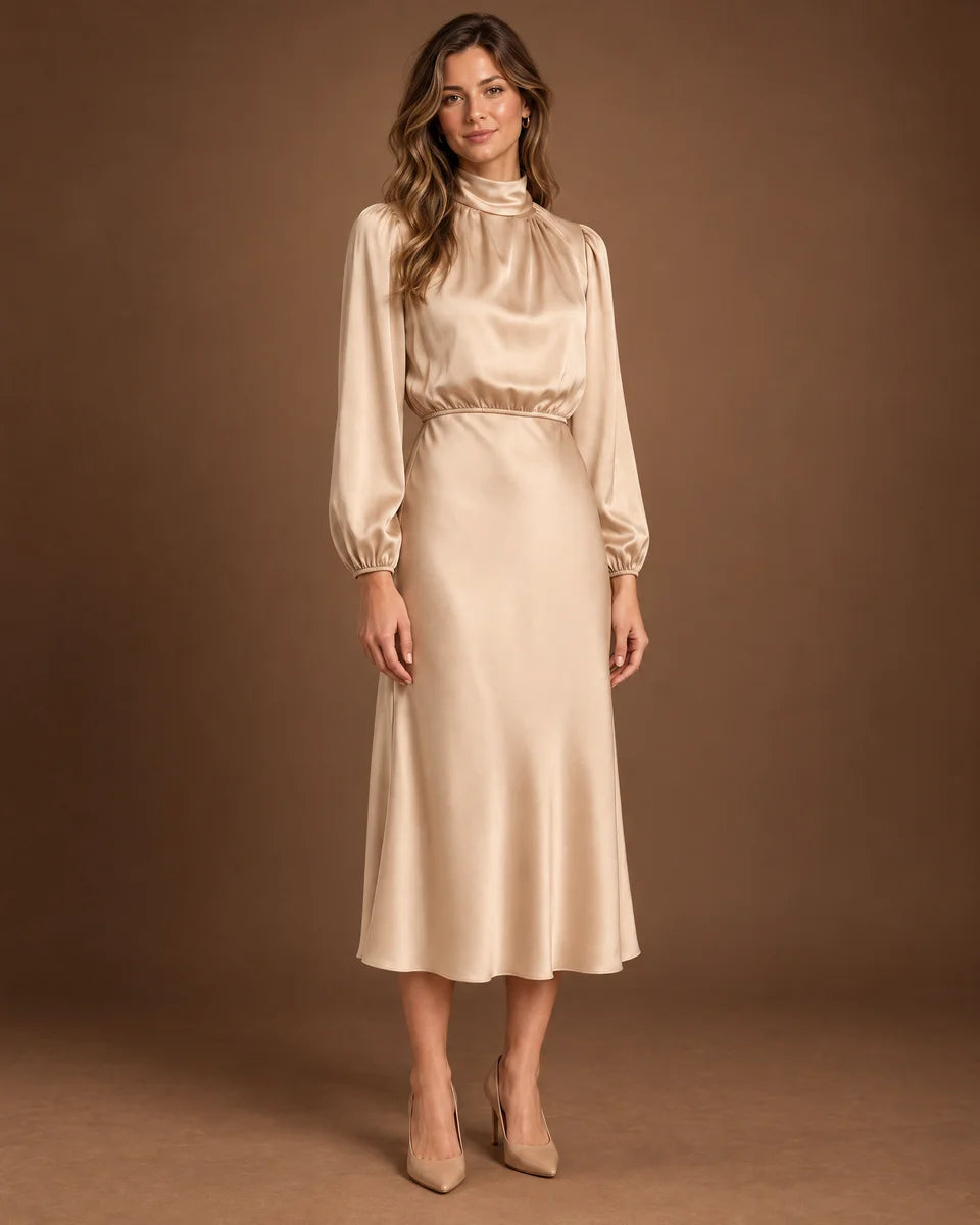 Imogen High Neck Midi Dress in Beige