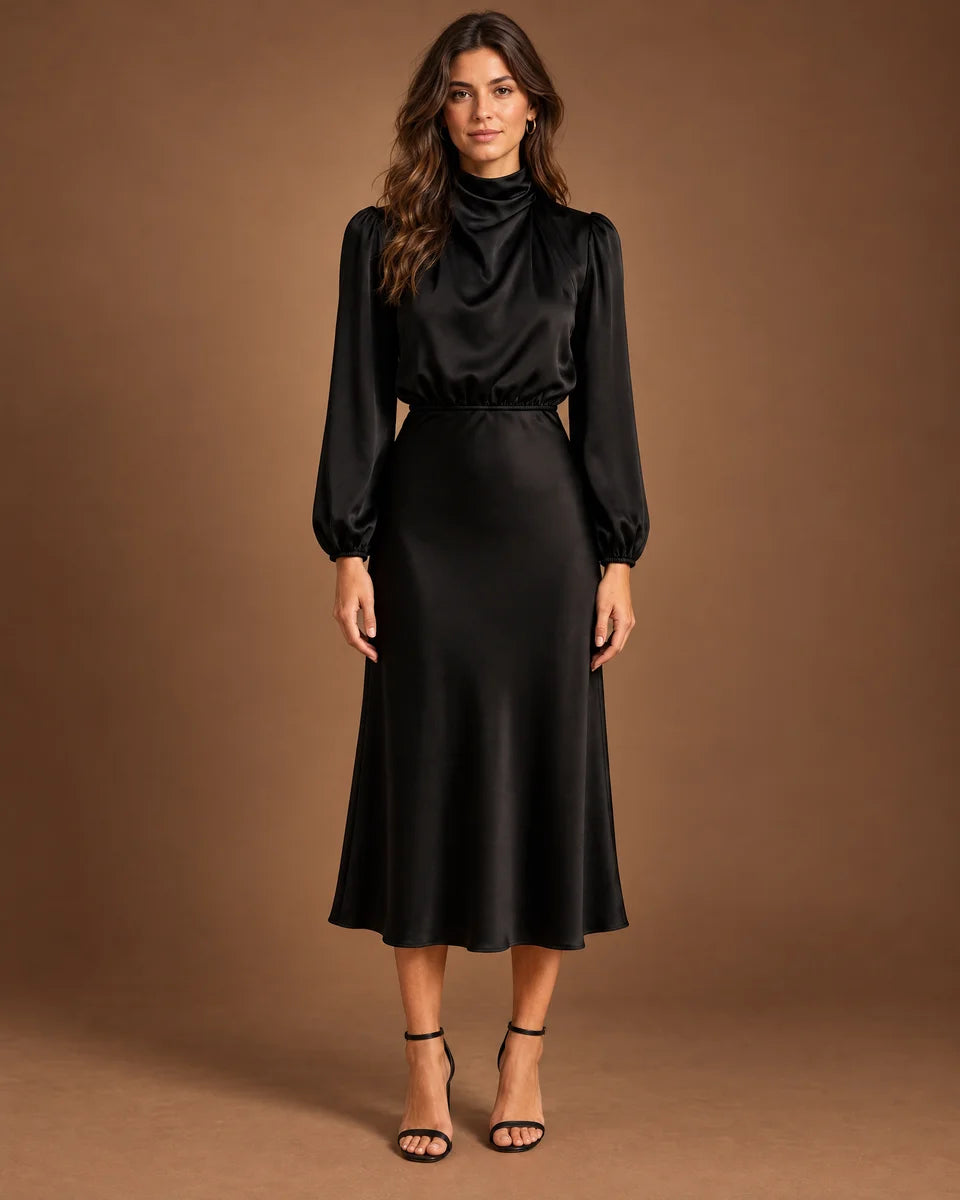 Imogen High Neck Midi Dress in Black