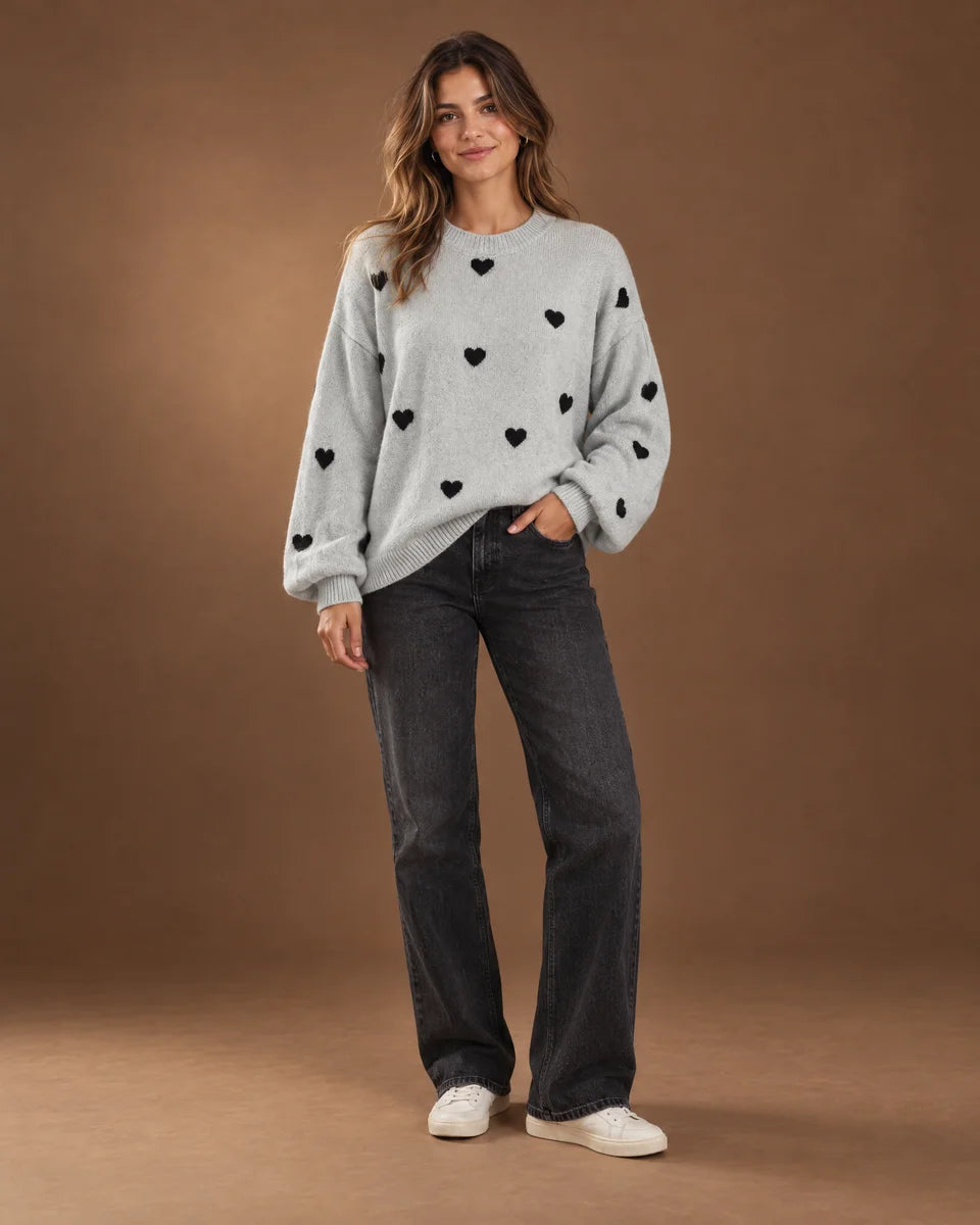 Margaux Heart Knit Sweater in Grey