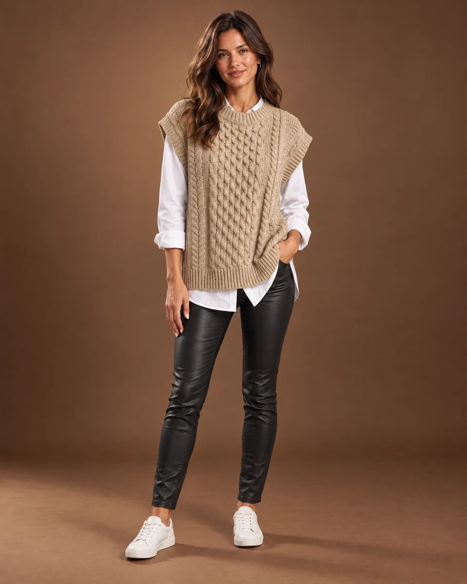 Nadia Cable Knit Sweater Vest in Khaki