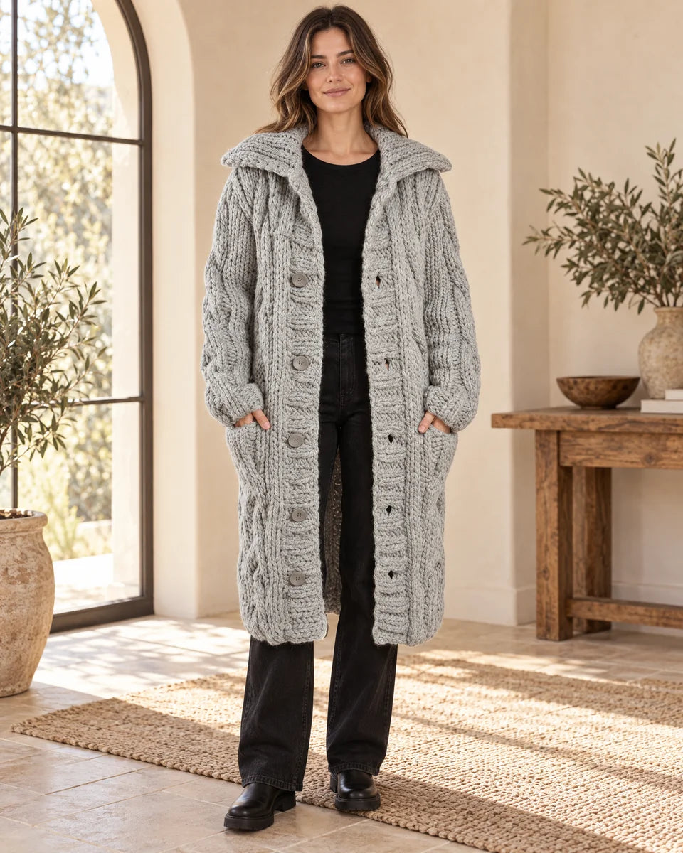 Philippa Chunky Cable Knit Cardigan in Silver Grey