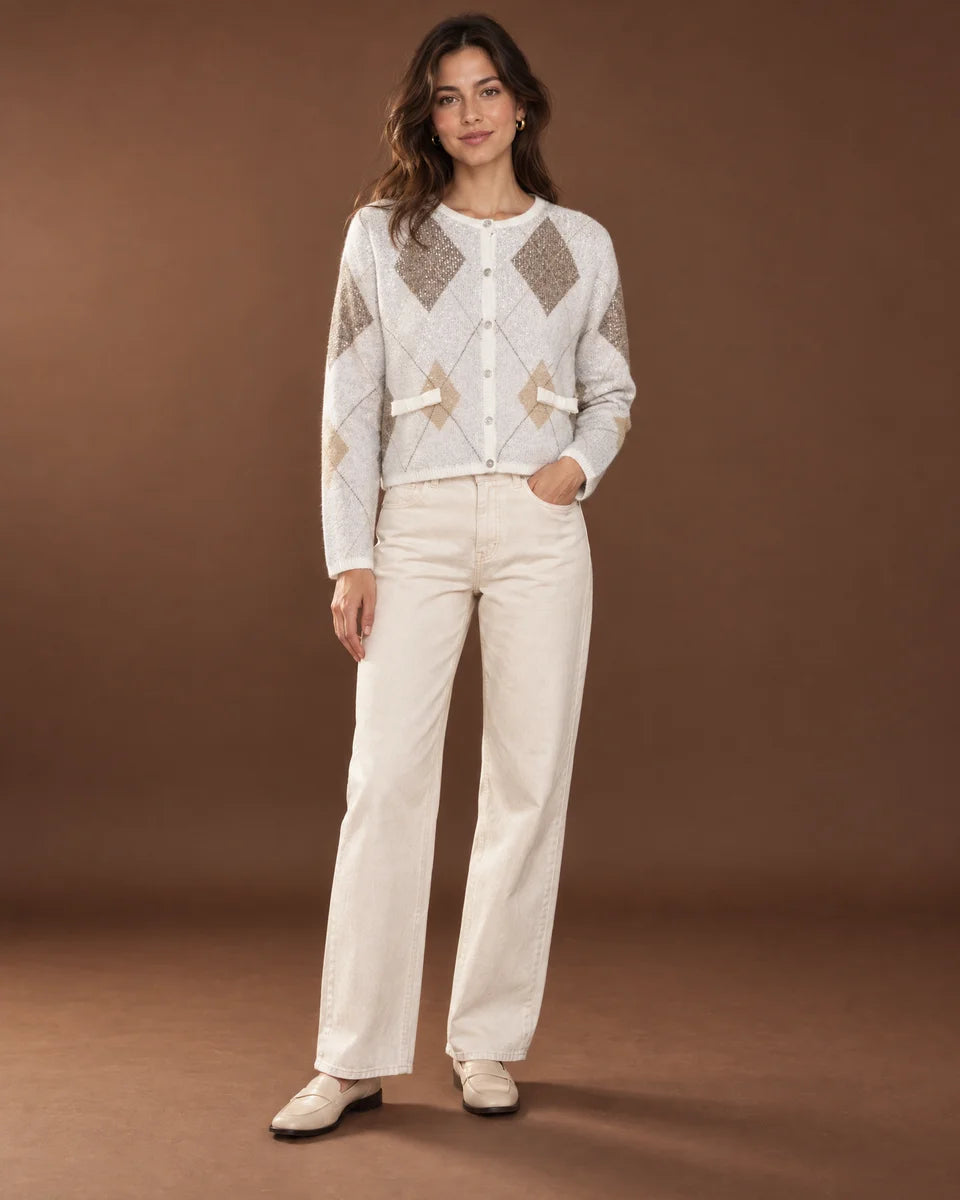 Sylvie Argyle Knit Cardigan in White
