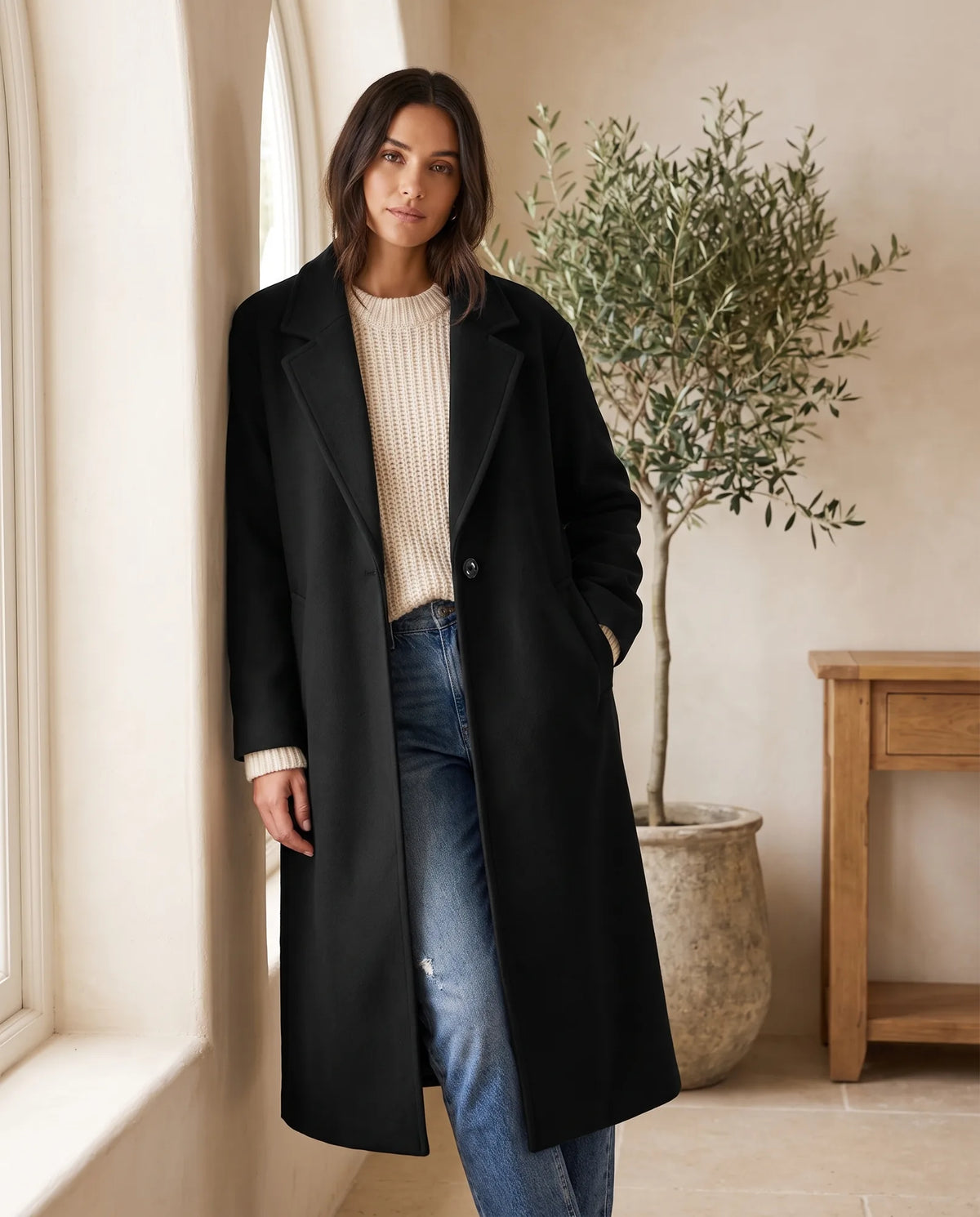 Astrid Wool-Look Coat for Women - Oversized Longline Notch Lapel in Black
