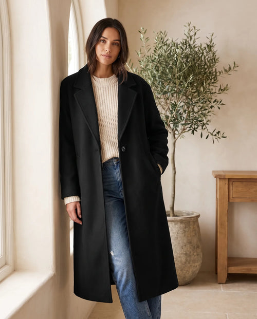 Astrid Wool-Look Coat for Women - Oversized Longline Notch Lapel in Black