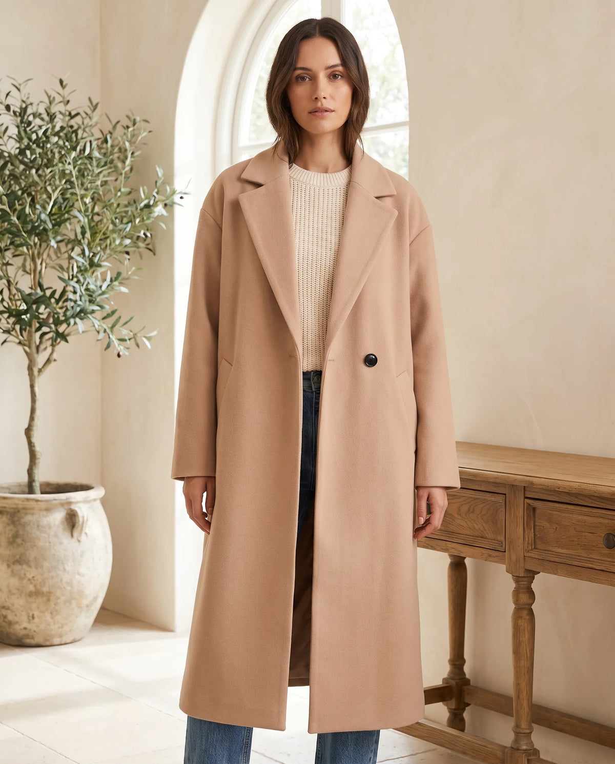 Astrid Wool-Look Coat for Women - Oversized Longline Notch Lapel in Khaki