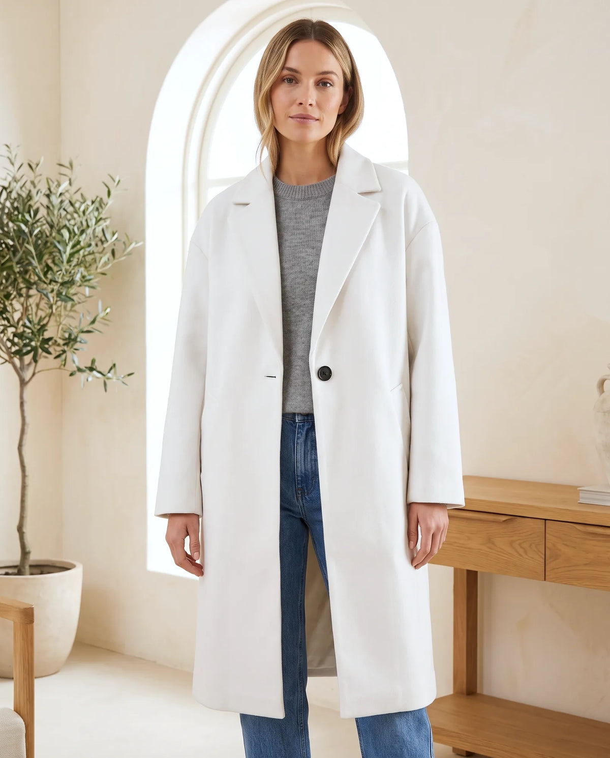 Astrid Wool-Look Coat for Women - Oversized Longline Notch Lapel in White