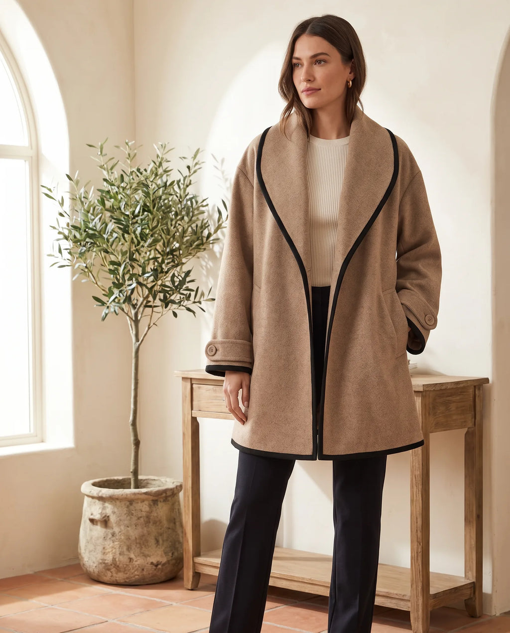 Romy Camel Long Coat for Women – Contrast Trim — front