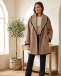 Romy Camel Long Coat for Women – Contrast Trim — front