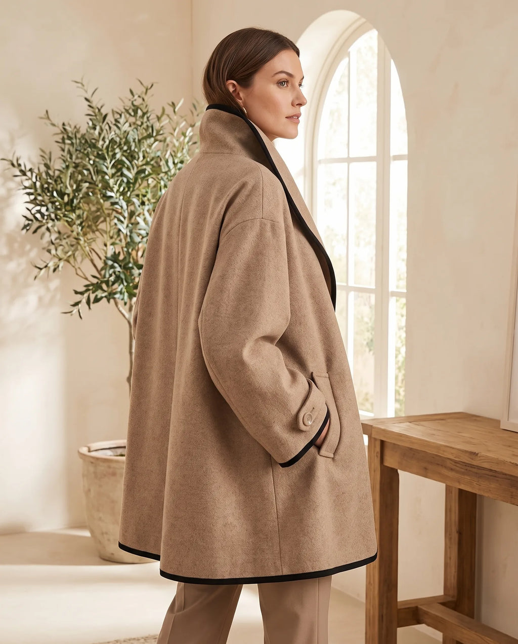 Romy Camel Long Coat for Women – Contrast Trim — side