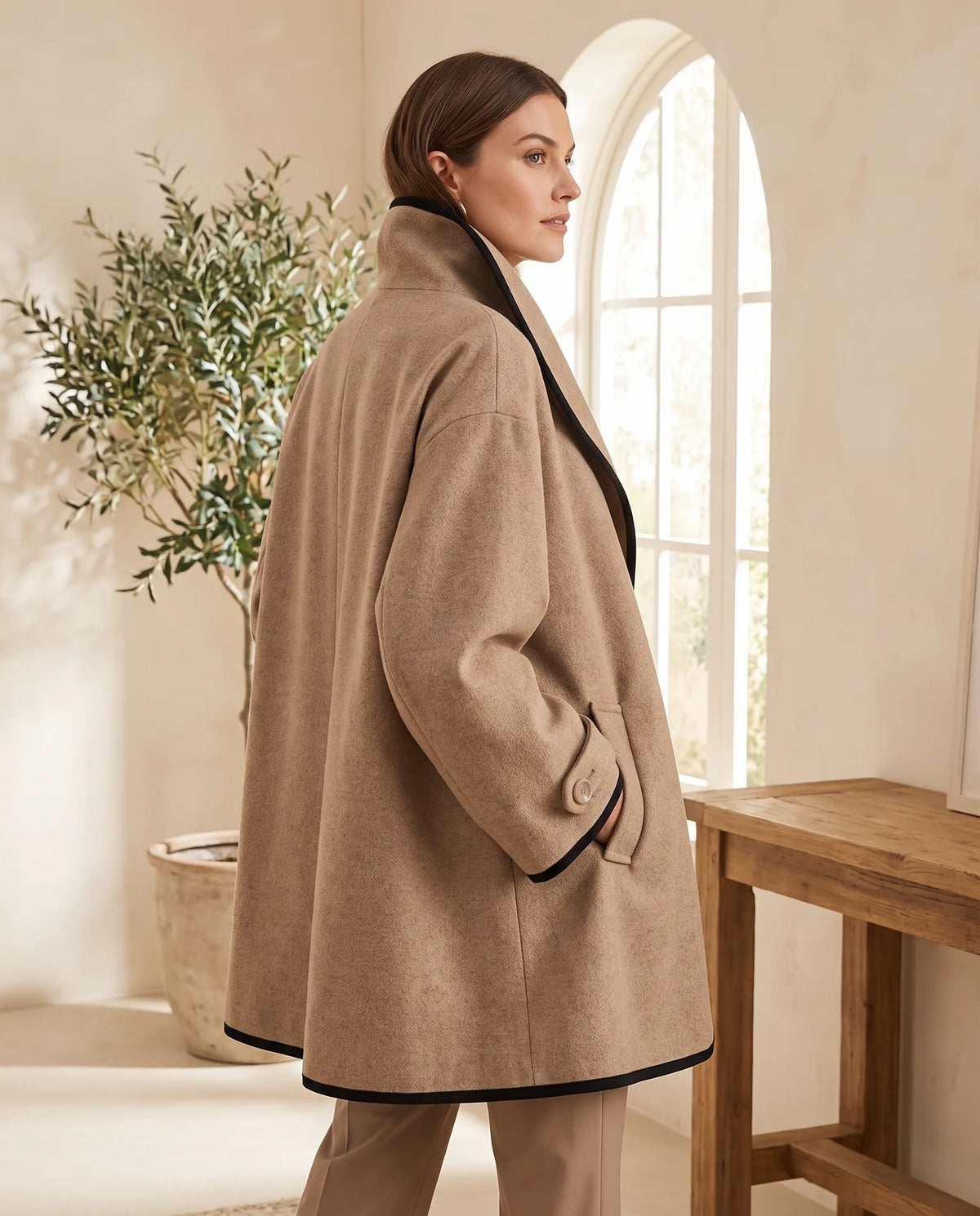 Romy Camel Long Coat for Women – Contrast Trim — side