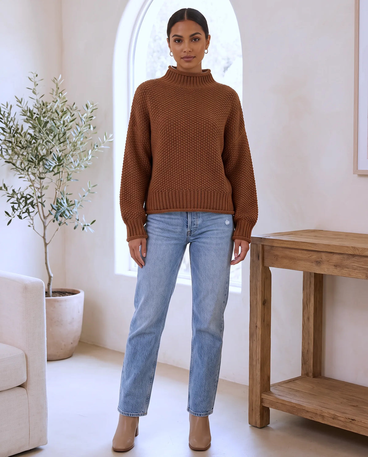 Camille Turtleneck Sweater for Women - Chunky Knit Oversized Pullover in Brown