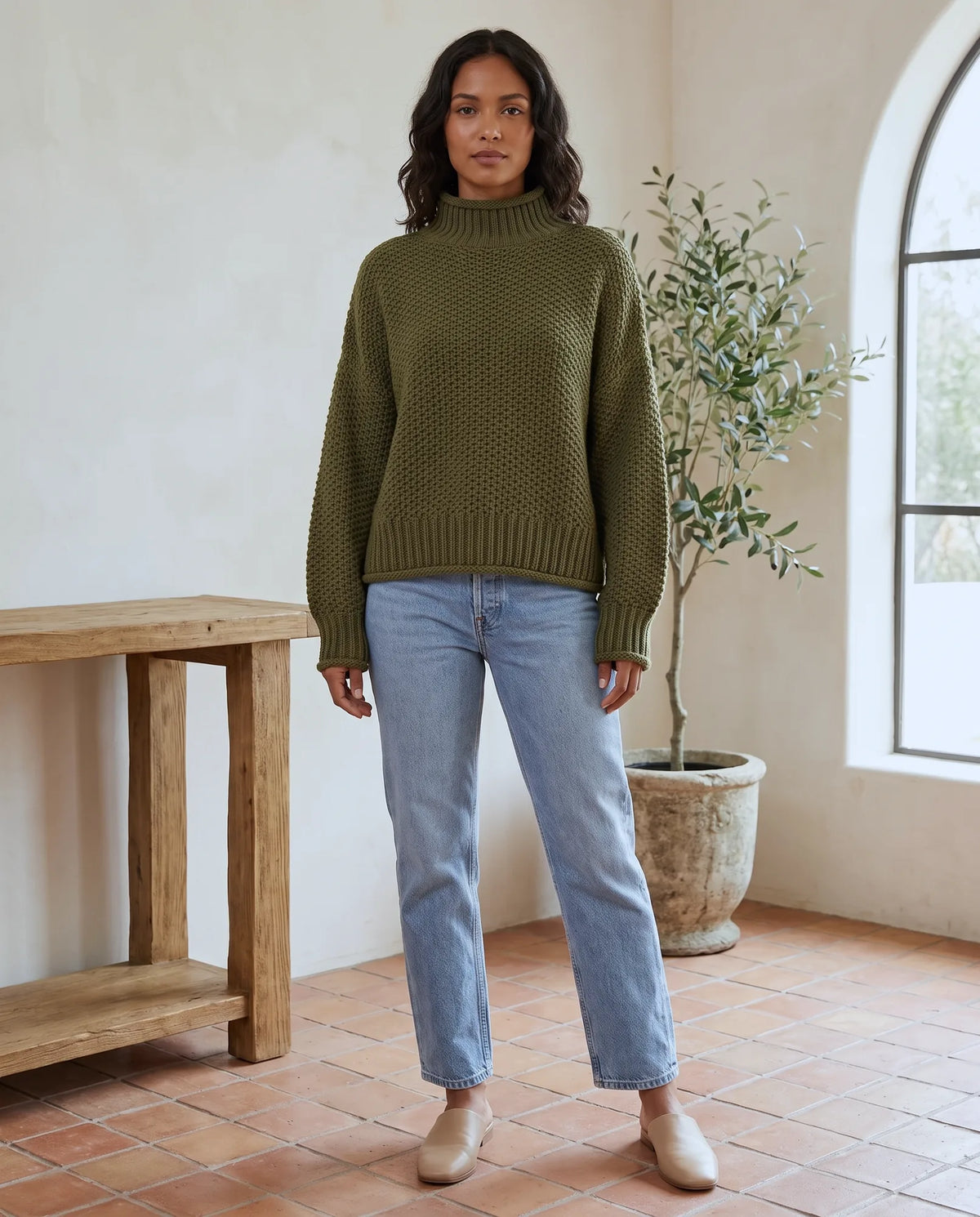 Camille Turtleneck Sweater for Women - Chunky Knit Oversized Pullover in Green