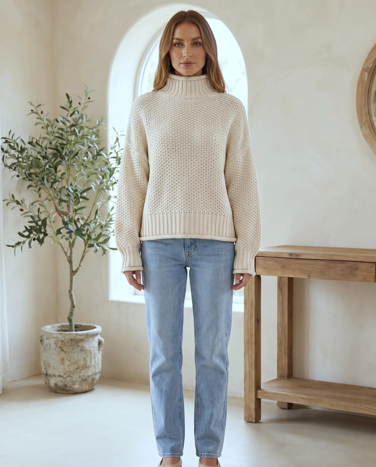 Camille Turtleneck Sweater for Women - Chunky Knit Oversized Pullover in White