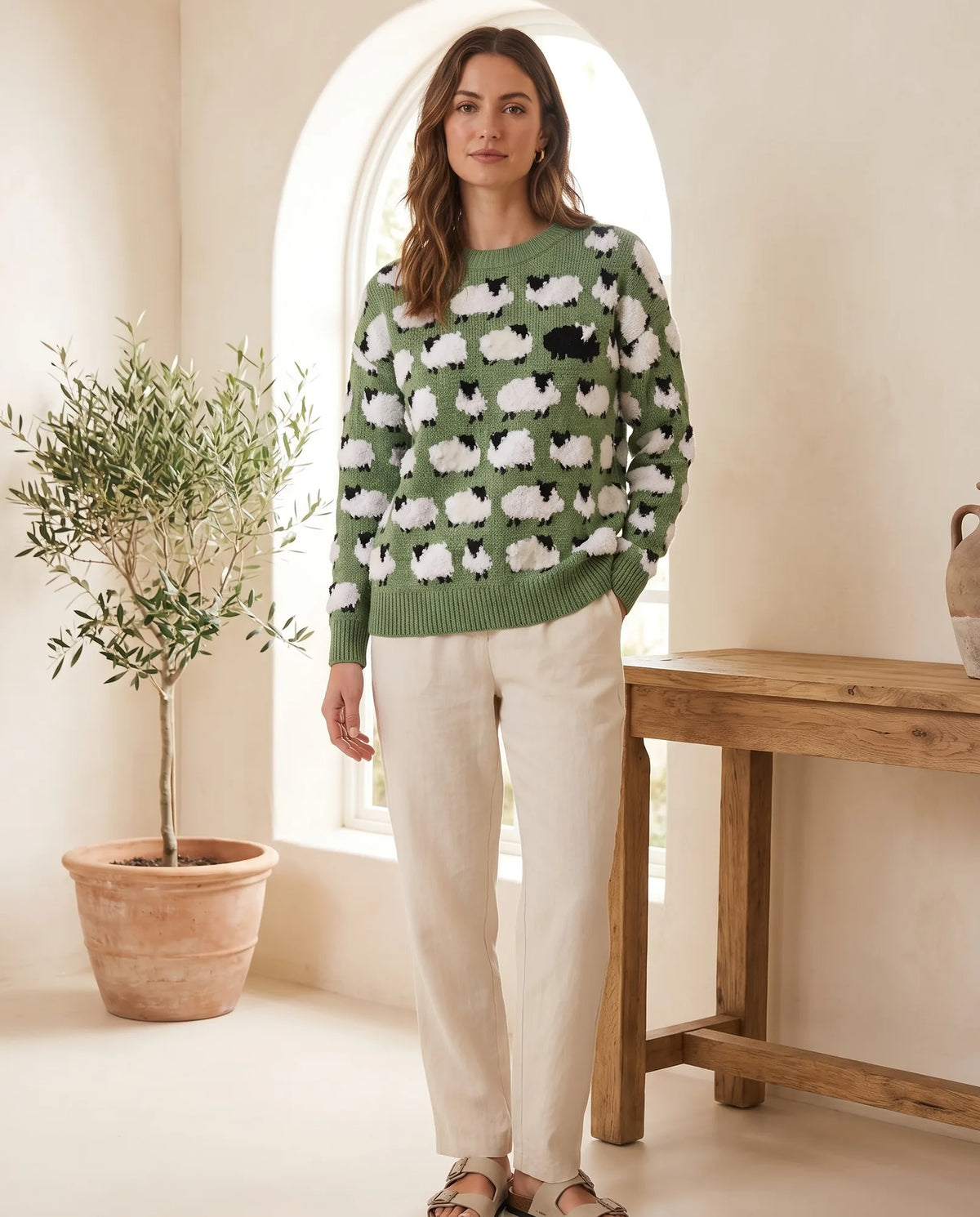 Mabel Fluffy Sheep Crew Neck Sweater for Women – Green — front