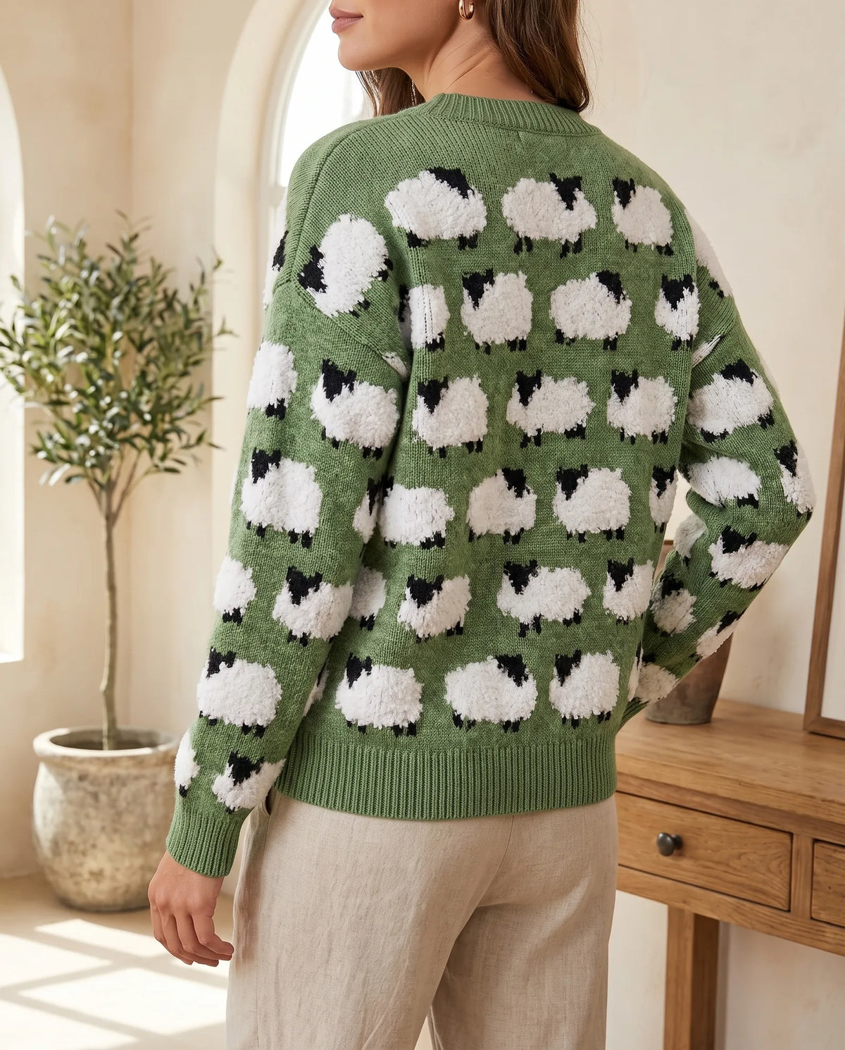 Mabel Fluffy Sheep Crew Neck Sweater for Women – Green — side
