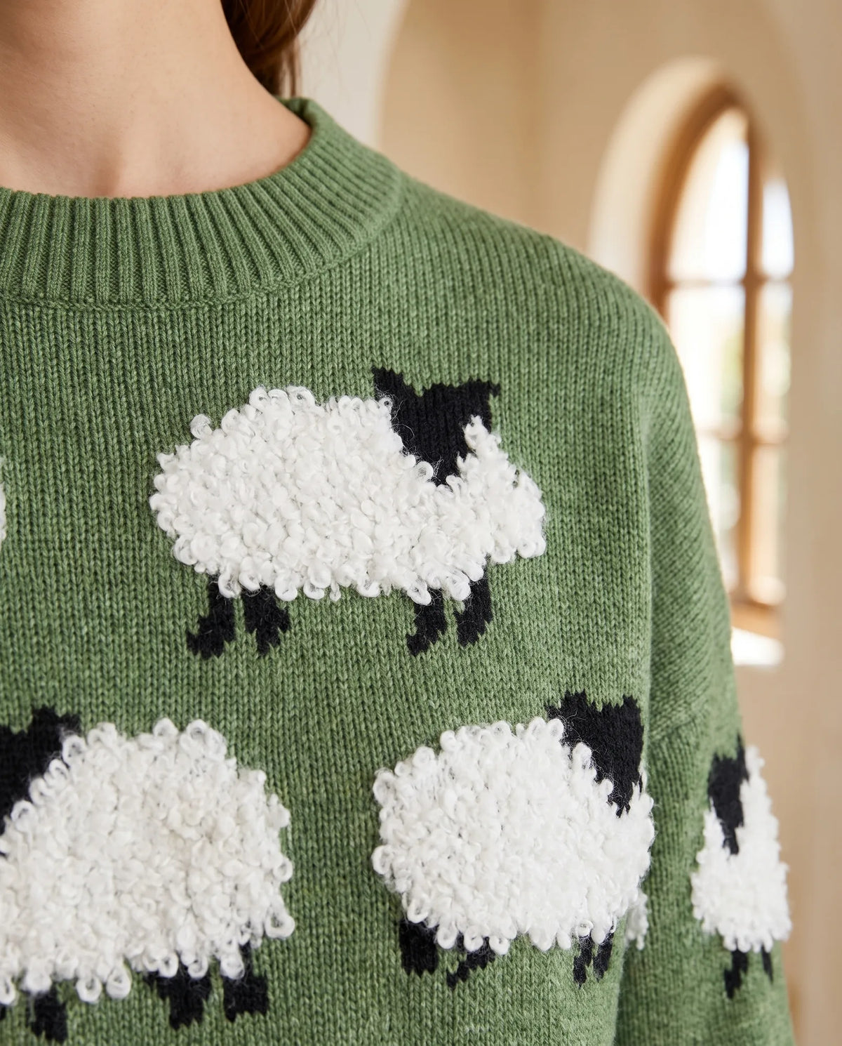 Mabel Fluffy Sheep Crew Neck Sweater for Women – Green — detail