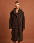 Delphine Teddy Coat for Women - Longline Notched Collar Fleece in Coffee