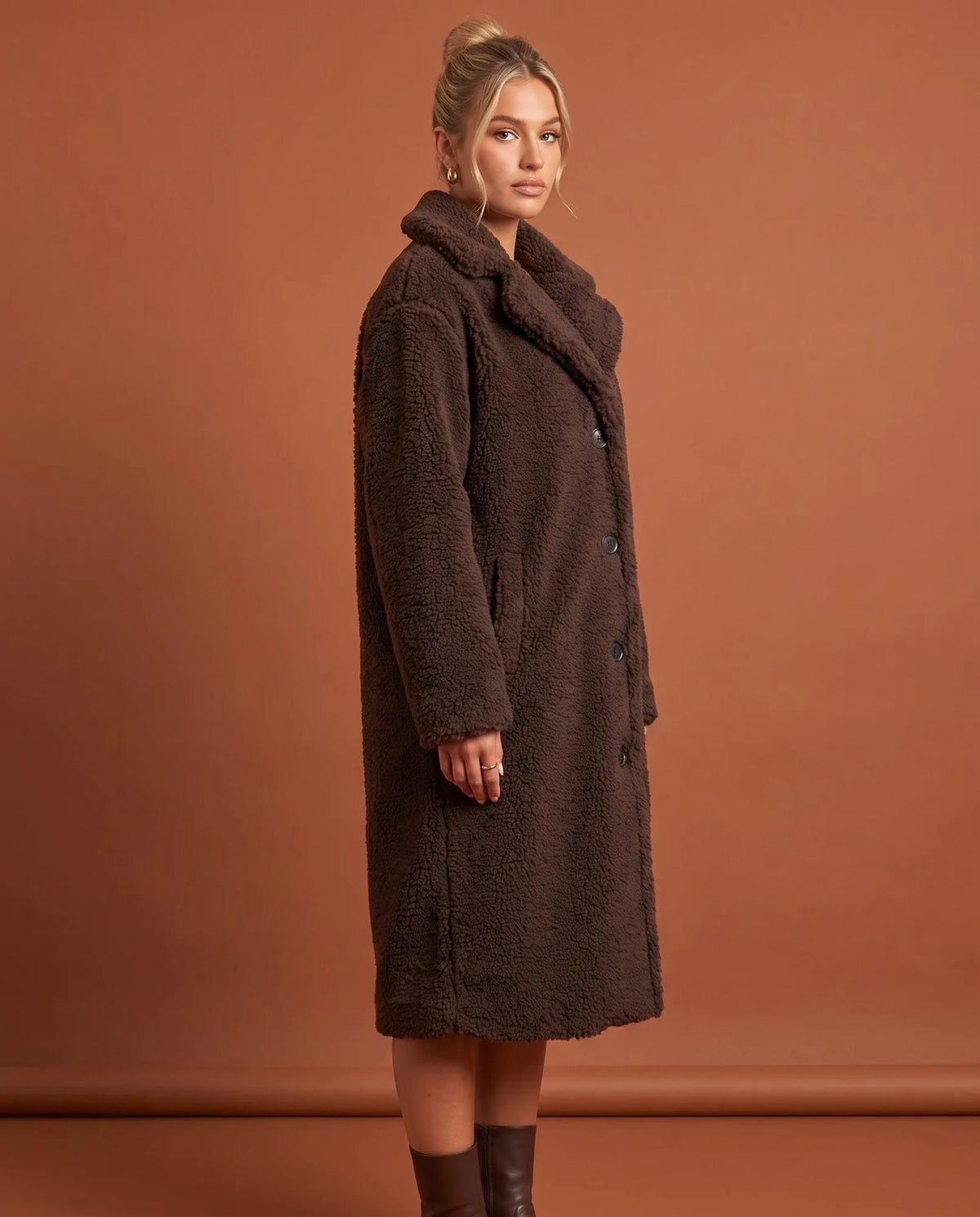 Delphine Teddy Coat for Women - Longline Notched Collar Fleece additional view