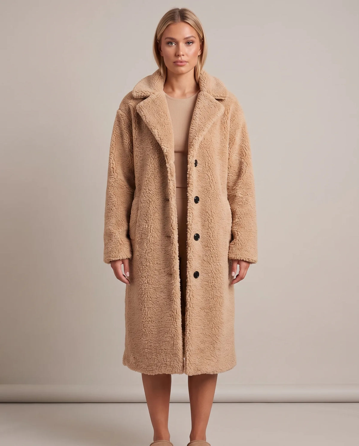 Delphine Teddy Coat for Women - Longline Notched Collar Fleece in Khaki