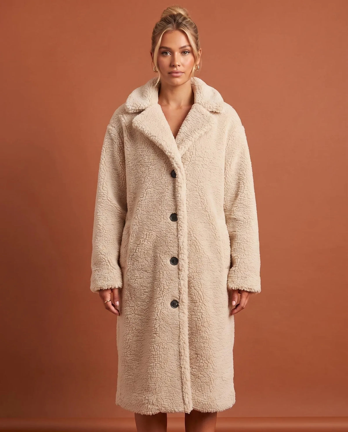 Delphine Teddy Coat for Women - Longline Notched Collar Fleece in White
