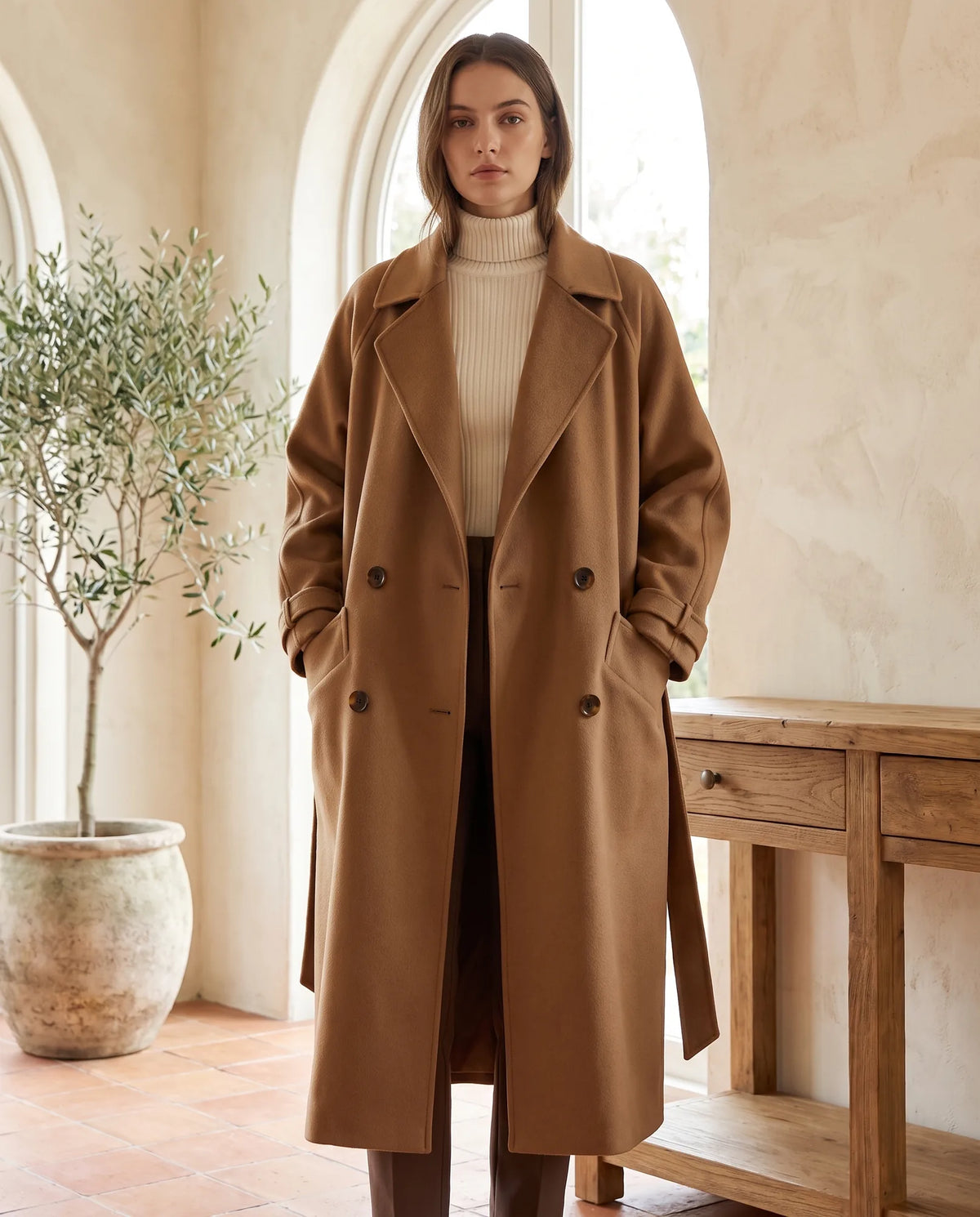 Adeline Elegant Long Coat for Women – Brown — front