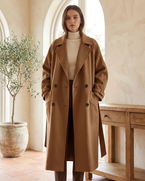 Adeline Elegant Long Coat for Women – Brown — front
