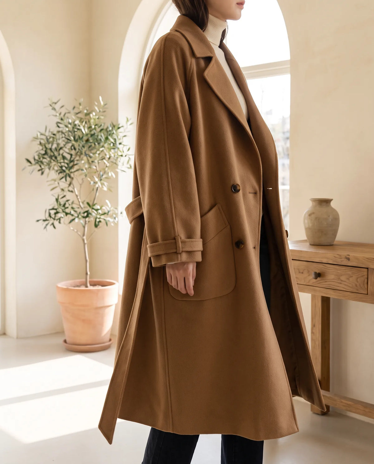 Adeline Elegant Long Coat for Women – Brown — side
