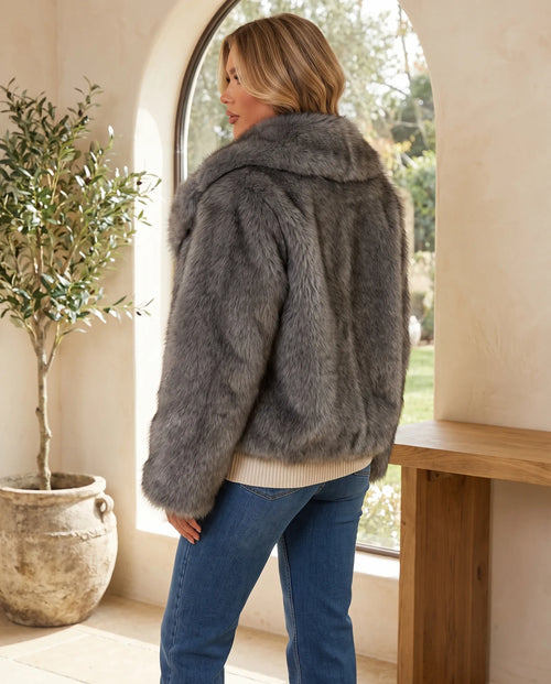 Beatrix Fluffy Lapel Jacket for Women – Grey — side