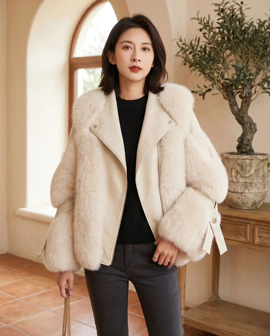 Faye Cropped Fluffy Winter Jacket for Women – Off-White — front