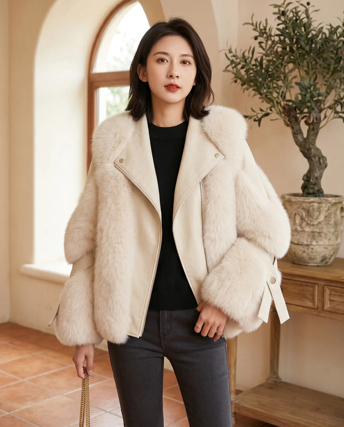 Faye Cropped Fluffy Winter Jacket for Women – Off-White — front