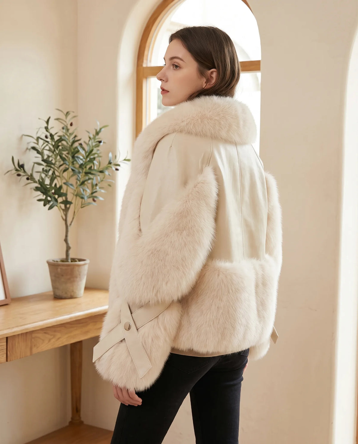 Faye Cropped Fluffy Winter Jacket for Women – Off-White — side