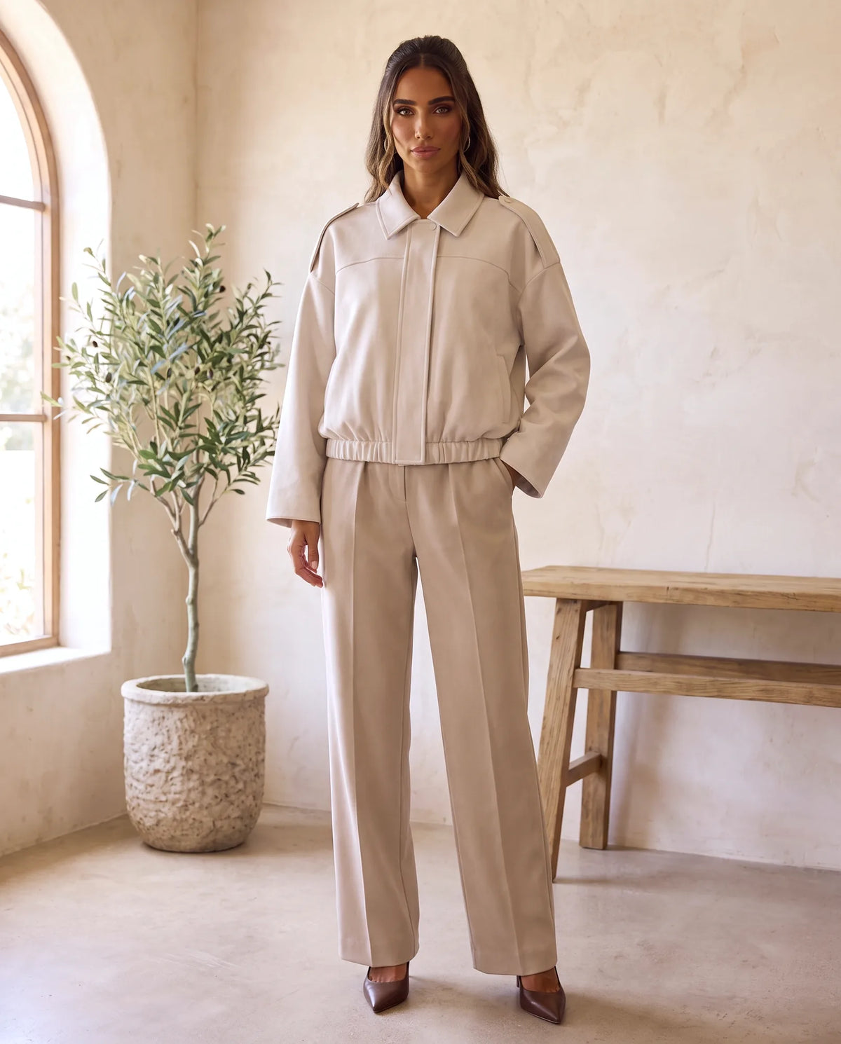 Hadley Faux Suede Jacket for Women - Oversized Shirt Jacket in Beige
