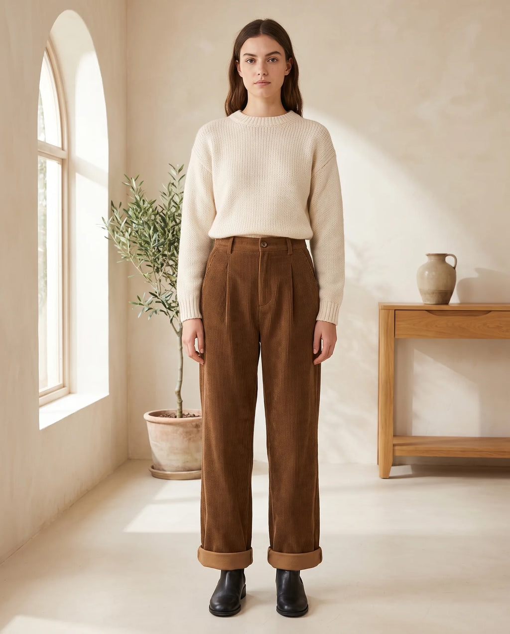 Tilda High Waist Wide Leg Pants for Women – Brown — front