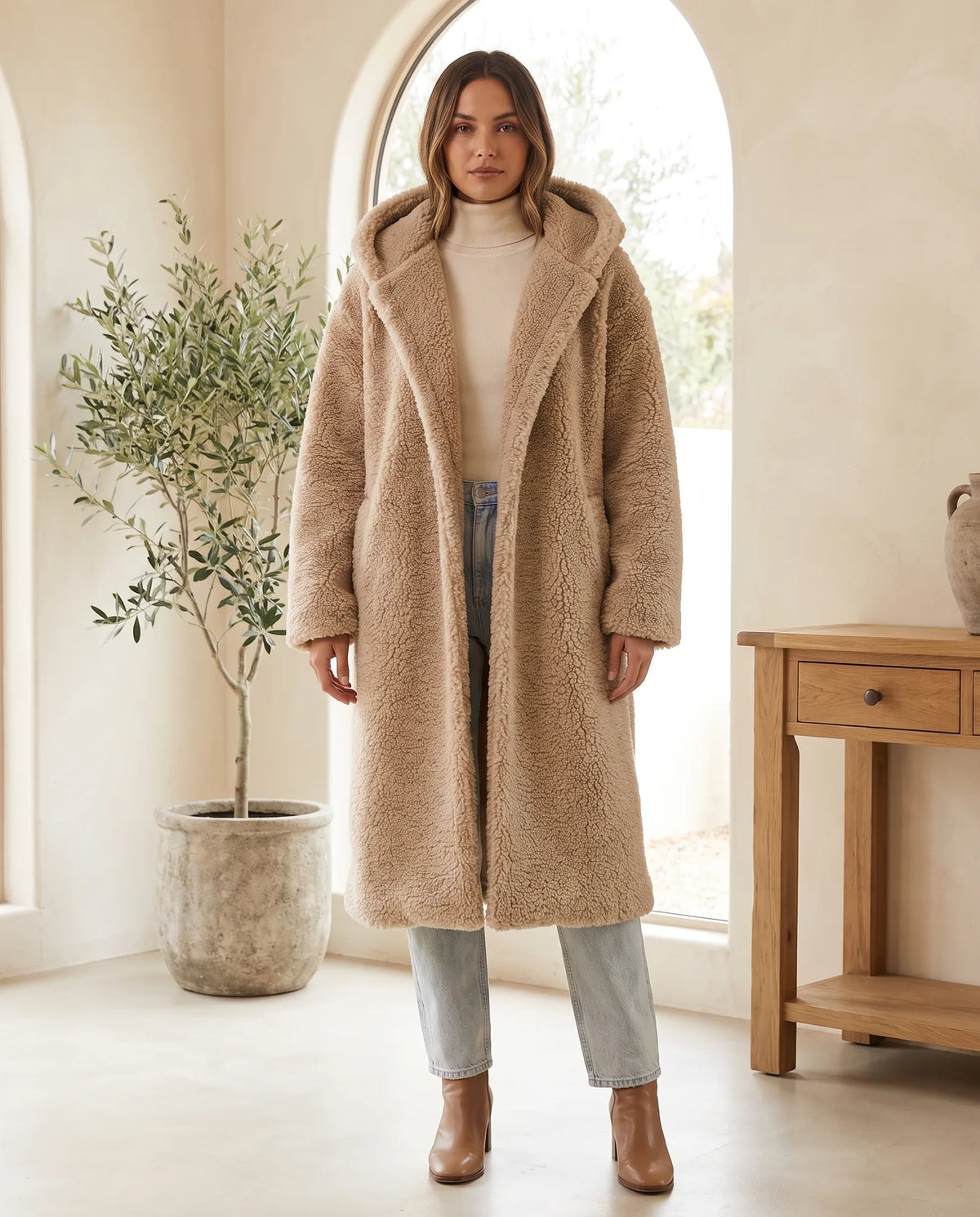 Elsie Hooded Teddy Coat for Women – Beige — front