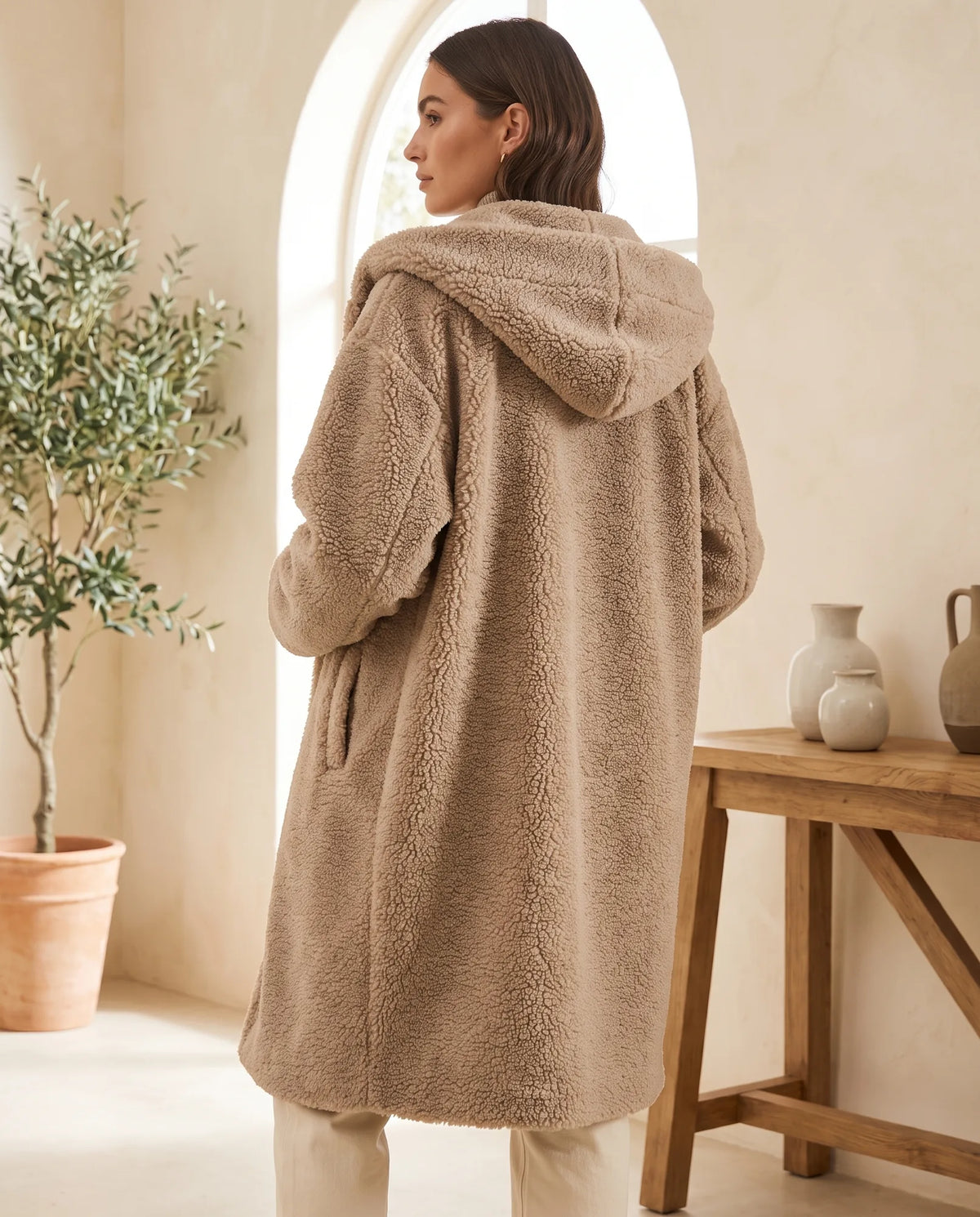 Elsie Hooded Teddy Coat for Women – Beige — side