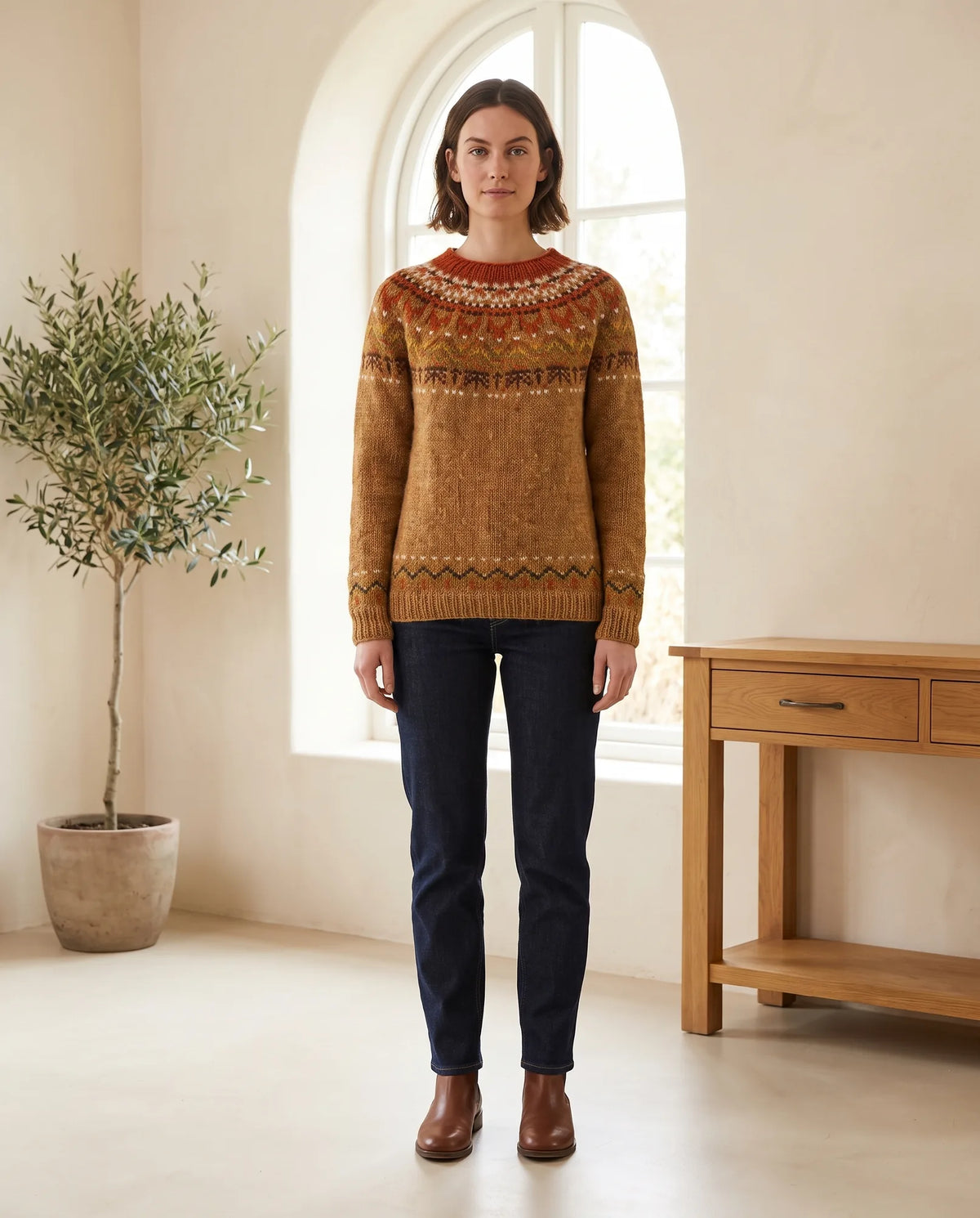 Ingrid Fair Isle Sweater for Women - Nordic Pattern Knit Pullover in Brown