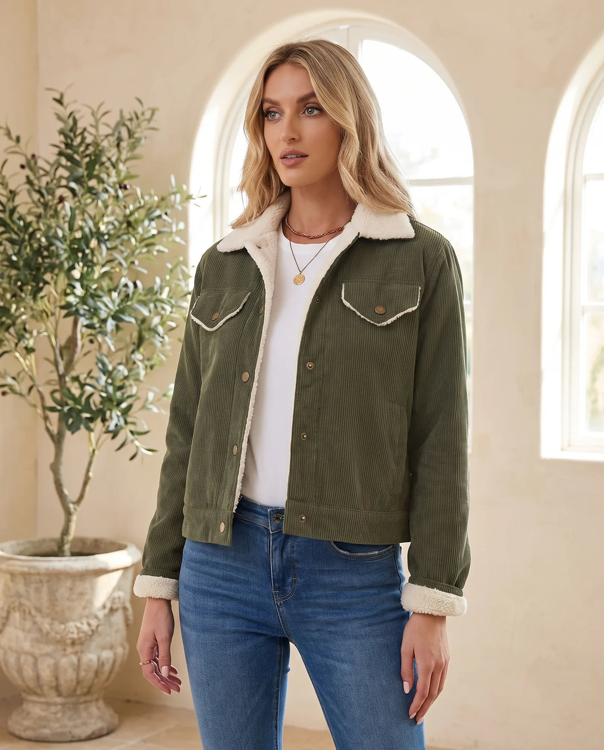 Sage Cropped Trucker Jacket with Plush Collar – Army Green — front