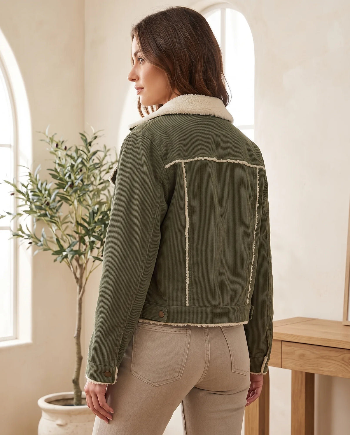 Sage Cropped Trucker Jacket with Plush Collar – Army Green — side